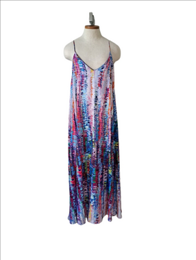 CHETTA B multi color sleeveless maxi dress flowy Bohemian chic resort wear LG